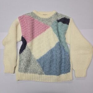 Vintage Townhouse Geometric Patchwork Knit Sweater Womens Cream Pink Blue